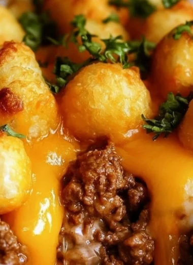 Delicious tater tot casserole topped with golden, crispy tater tots