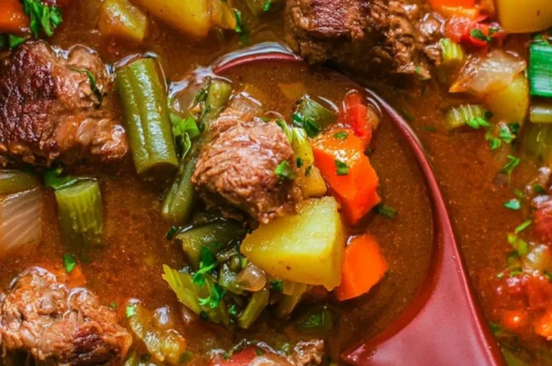Bowl of delicious Vegetable Beef Soup with fresh vegetables and tender beef