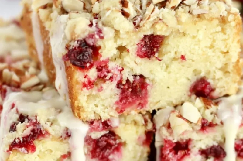Delicious cranberry almond cake decorated with fresh cranberries and almonds.