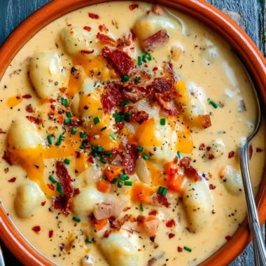 Bowl of Bacon Cheddar Gnocchi Soup garnished with herbs