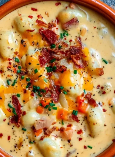 Bowl of Bacon Cheddar Gnocchi Soup garnished with herbs