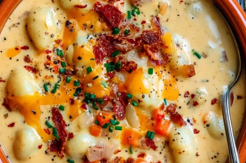 Bowl of Bacon Cheddar Gnocchi Soup garnished with herbs