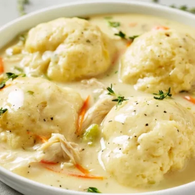 Homemade chicken and dumplings served in a bowl with fresh herbs.
