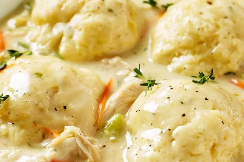 Homemade chicken and dumplings served in a bowl with fresh herbs.