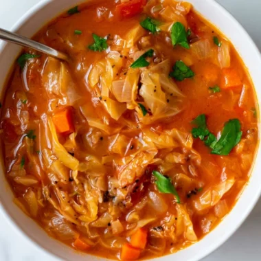 A bowl of protein-rich cabbage soup garnished with herbs and vegetables