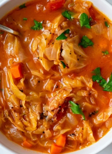 A bowl of protein-rich cabbage soup garnished with herbs and vegetables
