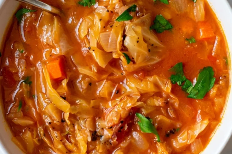 A bowl of protein-rich cabbage soup garnished with herbs and vegetables
