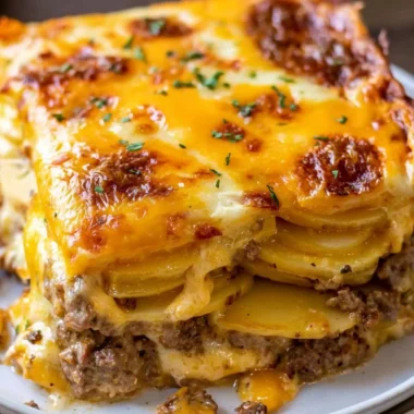 Cheesy hamburger potato casserole with melted cheese and hearty beef