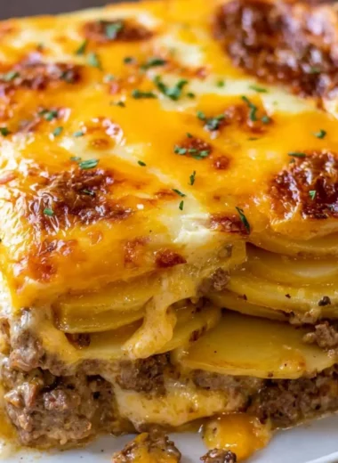 Cheesy hamburger potato casserole with melted cheese and hearty beef