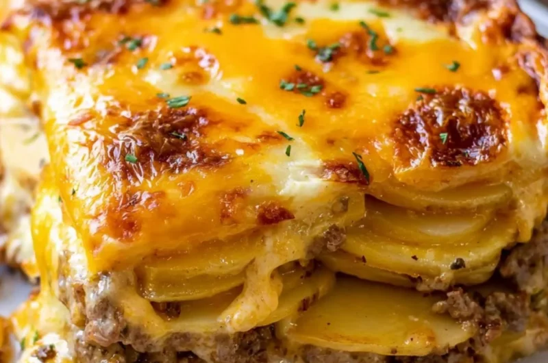 Cheesy hamburger potato casserole with melted cheese and hearty beef