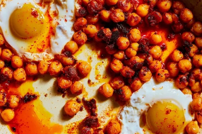 Delicious chickpea fried eggs served on a plate with fresh herbs