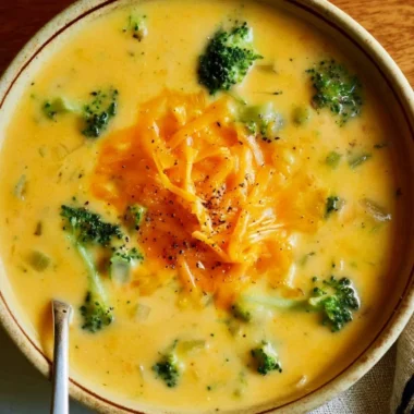 Delicious bowl of easy broccoli cheddar soup garnished with cheddar cheese