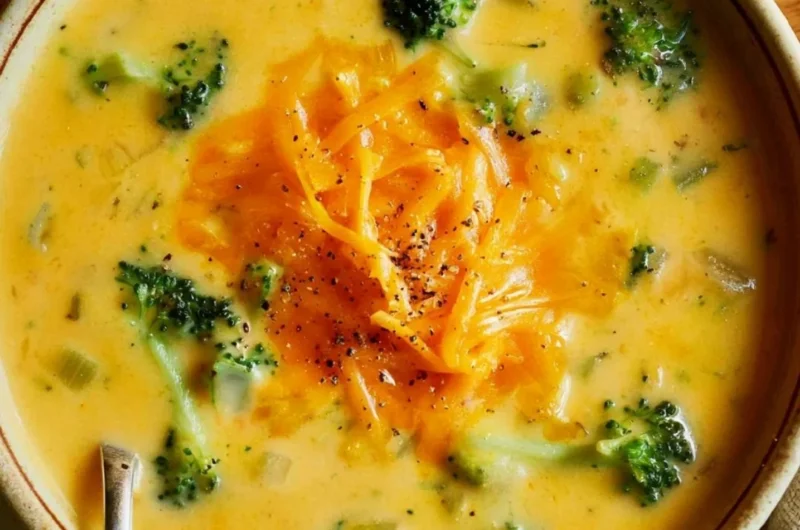 Delicious bowl of easy broccoli cheddar soup garnished with cheddar cheese