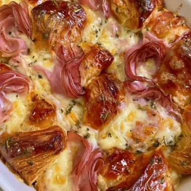 Delicious croissant bake casserole served on a plate for a hearty breakfast or dinner.