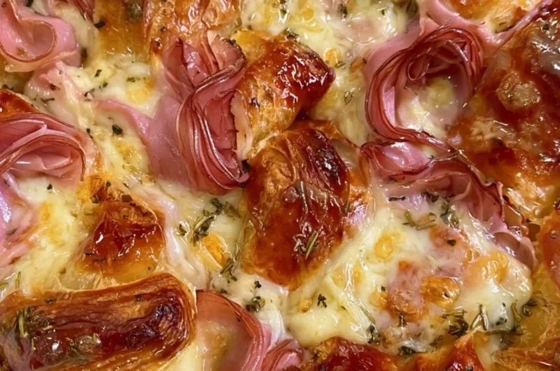 Delicious croissant bake casserole served on a plate for a hearty breakfast or dinner.