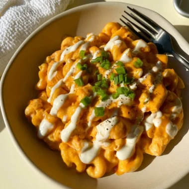 High protein buffalo chicken pasta dish with chicken and pasta in a creamy sauce