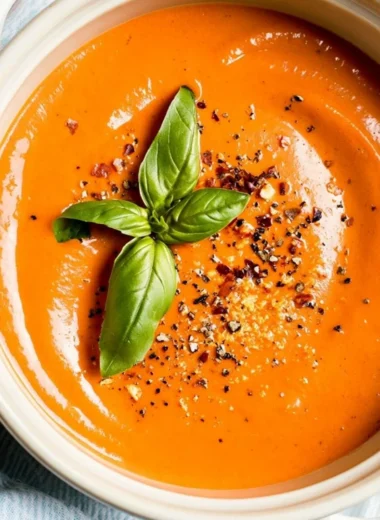 Bowl of middle-of-winter tomato soup made with canned tomatoes