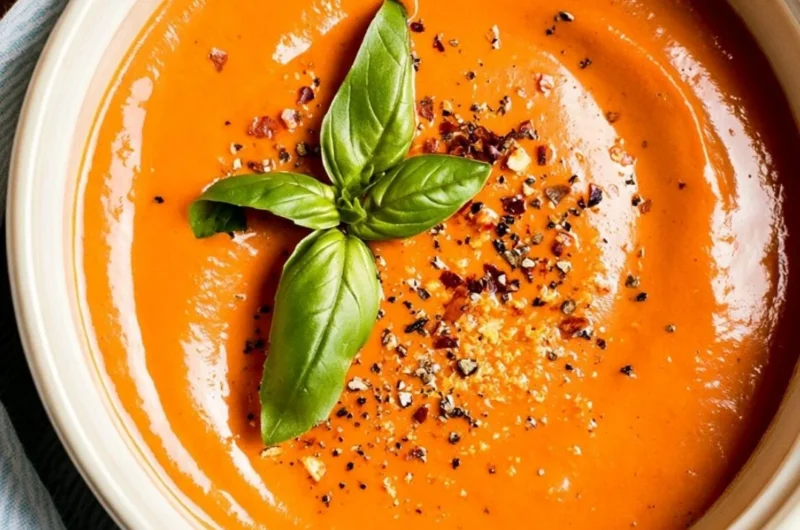 Bowl of middle-of-winter tomato soup made with canned tomatoes