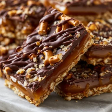 Delicious no-bake salted caramel pretzel bars with a crunchy topping