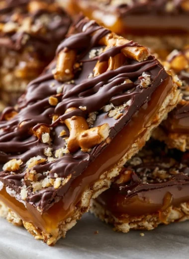 Delicious no-bake salted caramel pretzel bars with a crunchy topping