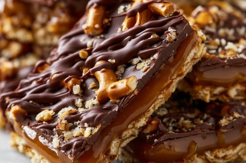 Delicious no-bake salted caramel pretzel bars with a crunchy topping
