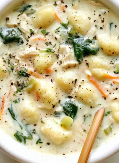 Bowl of Olive Garden chicken gnocchi soup with fresh ingredients