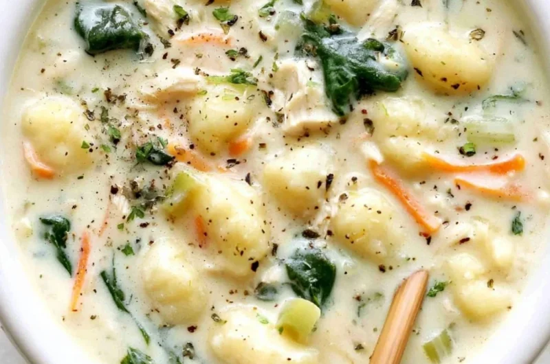 Bowl of Olive Garden chicken gnocchi soup with fresh ingredients
