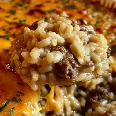 One-pan cheesy ground beef rice casserole topped with melted cheese