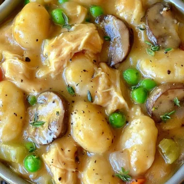 Delicious One Pot Gnocchi Chicken Pot Pie served hot in a rustic dish.