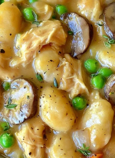 Delicious One Pot Gnocchi Chicken Pot Pie served hot in a rustic dish.