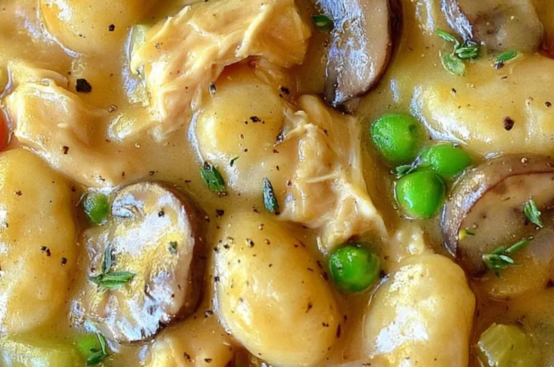 Delicious One Pot Gnocchi Chicken Pot Pie served hot in a rustic dish.