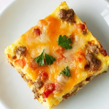 Delicious overnight bacon and sausage breakfast casserole in a baking dish.
