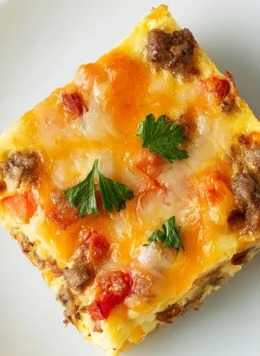 Delicious overnight bacon and sausage breakfast casserole in a baking dish.