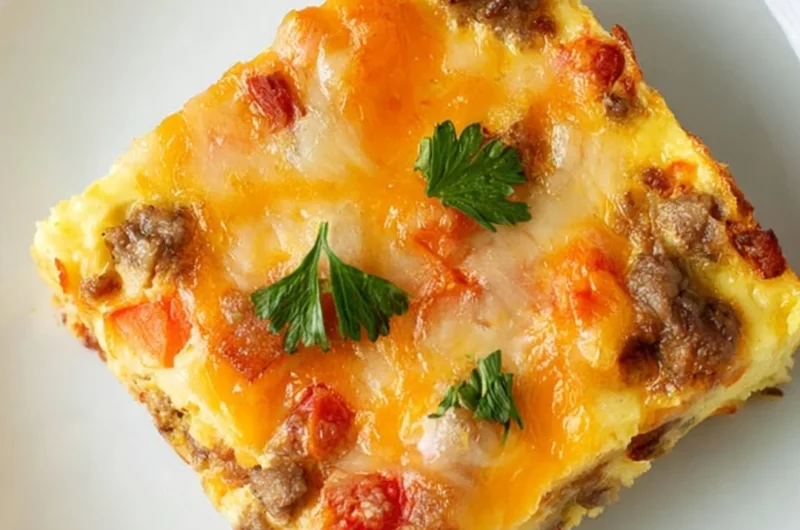 Delicious overnight bacon and sausage breakfast casserole in a baking dish.