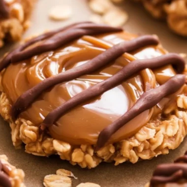 Peanut butter chocolate caramel cookies piled on a plate, ready to enjoy.