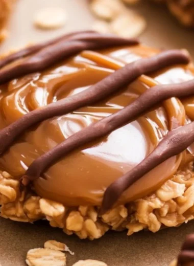 Peanut butter chocolate caramel cookies piled on a plate, ready to enjoy.