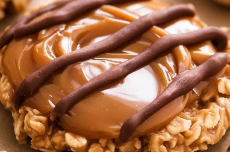 Peanut butter chocolate caramel cookies piled on a plate, ready to enjoy.