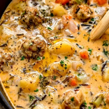 Bowl of creamy Potato Sausage Chowder with potatoes and sausage pieces