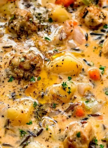 Bowl of creamy Potato Sausage Chowder with potatoes and sausage pieces