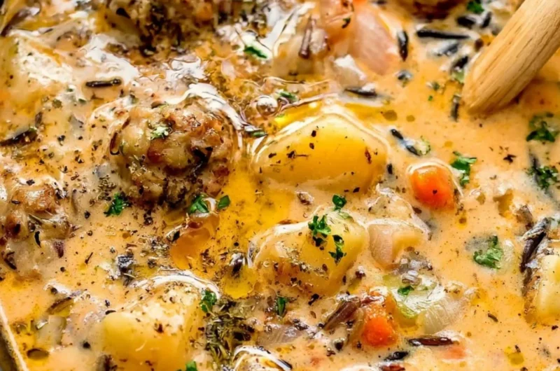 Bowl of creamy Potato Sausage Chowder with potatoes and sausage pieces