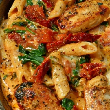 Delicious sun-dried tomato chicken pasta served on a plate