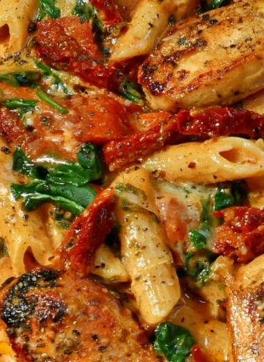 Delicious sun-dried tomato chicken pasta served on a plate