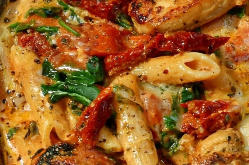 Delicious sun-dried tomato chicken pasta served on a plate