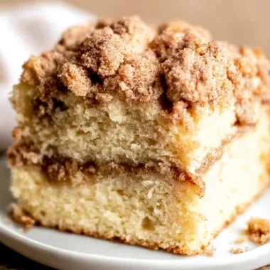 Sour cream coffee cake topped with cinnamon swirl and crumble