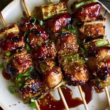 Delicious teriyaki chicken on a stick with marinade and sesame seeds