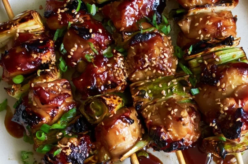 Delicious teriyaki chicken on a stick with marinade and sesame seeds