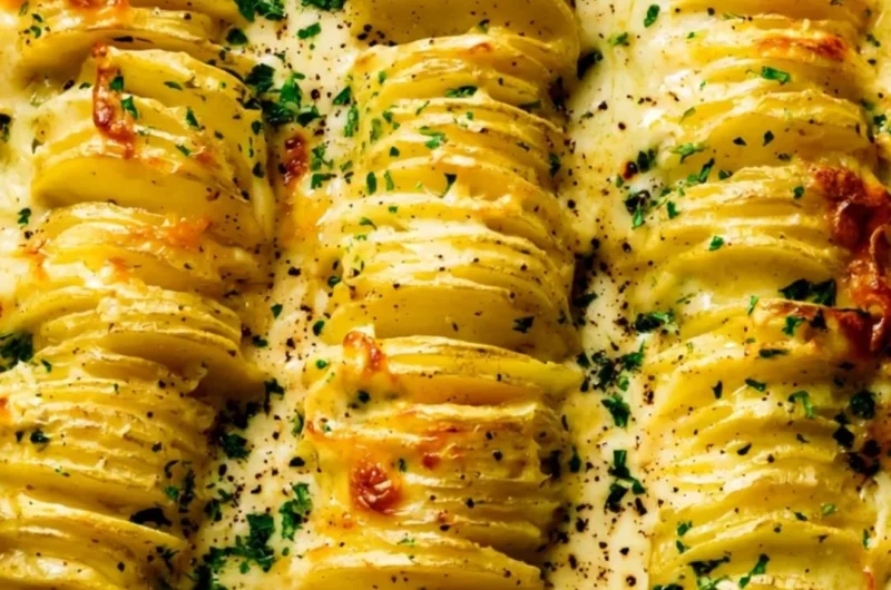 Deliciously baked scalloped potatoes with creamy cheese and layers of flavor.