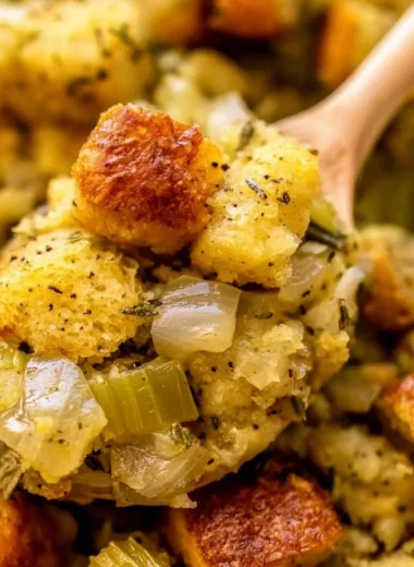 Delicious classic stuffing with buttery bread cubes and sautéed vegetables