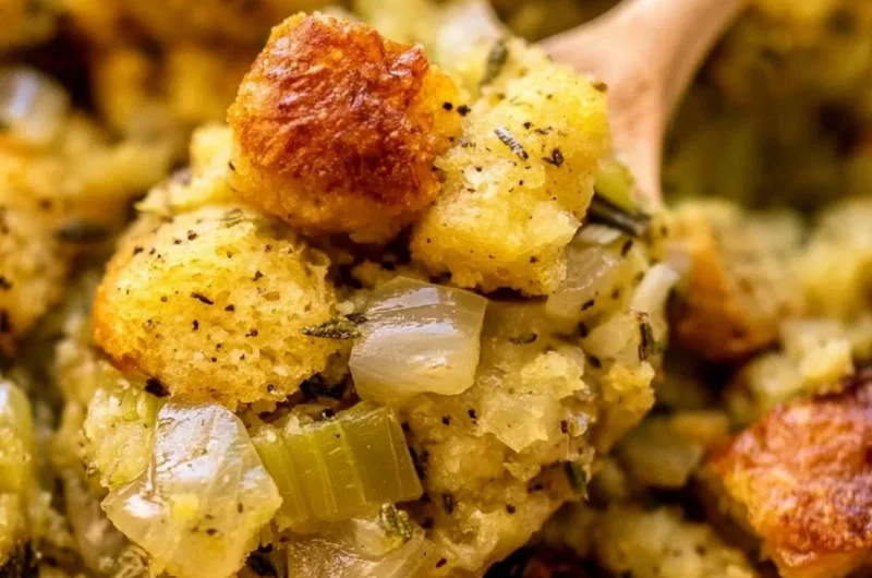 Delicious classic stuffing with buttery bread cubes and sautéed vegetables